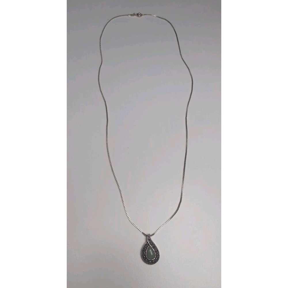 Vintage 925 NV Sterling Silver Jade Marcasite Teardrop Pendant 10" Necklace - Picture 8 of 11